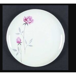 Belair by Nasco Japan 6.5 Bread & Butter Plate Pink Rose Gray Leaves Silver Trim